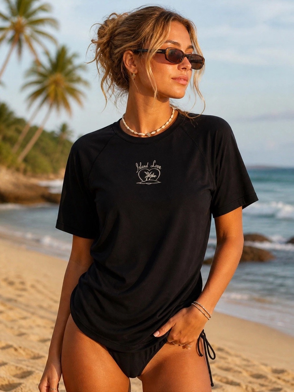 Island Love Black Rash Guard Swim Top with Heart Tag